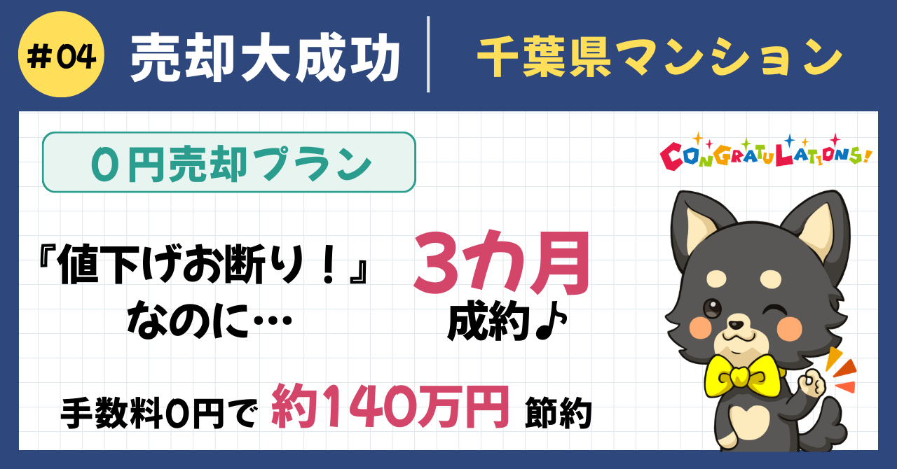売却大成功事例#4（0円売却プラン）：千葉県の築浅マンションを仲介手数料0円で売却。他社で値下げを迫られていたが価格を下げず3カ月で成約し、約140万円の手数料節約で手残りを最大化した事例のアイキャッチ画像