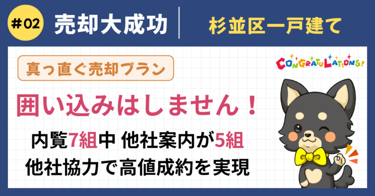 売却大成功事例#2（真っ直ぐ売却プラン）：2度目のご依頼で任せていただいた杉並区の一戸建てが67日で成約。内覧7組中5組が他社経由、成約も他社経由という結果で囲い込みしない売却の効果を実証。SUUMOとレインズで15社と連携し買主との出会いを最大化した事例のアイキャッチ画像