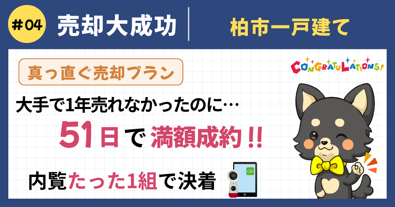 売却大成功事例#4（真っ直ぐ売却プラン）：大手で約1年・内覧わずか3組だった千葉県柏市の築2年戸建てが、写真・動画・360°VRで物件の魅力を正しく発信した結果51日で満額成約。内覧はたった1組、事前にVRを何度も確認した本気の買主さまとの成約で、売れない原因が価格ではなく売り方にあったことを証明した事例のアイキャッチ画像