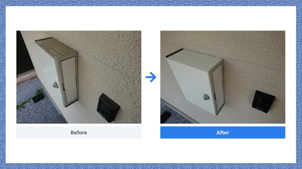 郵便ポスト清掃_before_after.jpg
郵便ポスト清掃のビフォーアフター。上部にホコリや汚れが溜まっていたポストを拭き掃除して清潔な状態に戻した比較写真