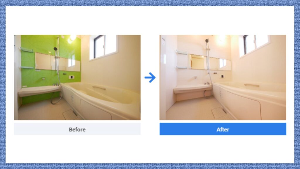 浴室アクセントパネル変更のビフォーアフター。鮮やかなグリーンだった壁面パネルをホワイト系に交換し、清潔感のある落ち着いた浴室に変化