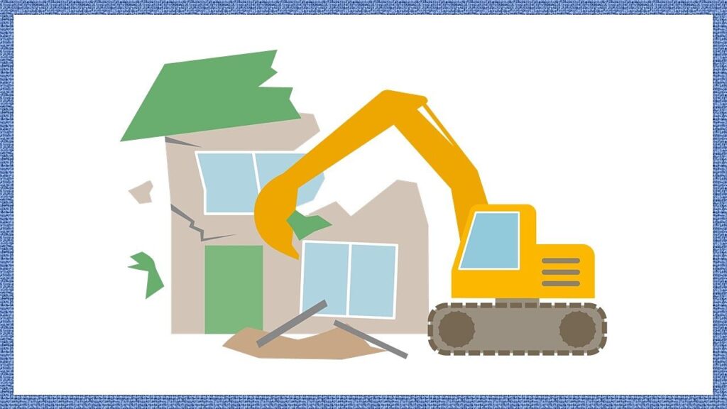 建物解体のイラスト。黄色いショベルカーが戸建て住宅を取り壊している様子