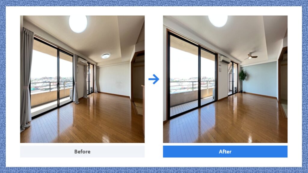 壁紙交換のビフォーアフター。黄ばんだ壁紙を白系に張り替え、カーテン撤去と観葉植物の設置で明るいリビングに変化