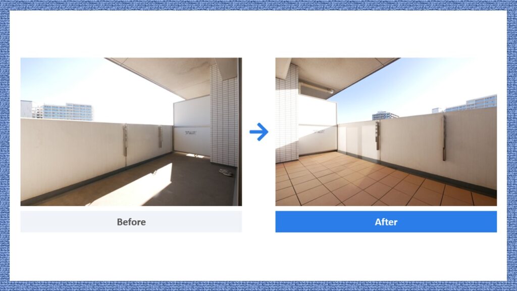 バルコニータイル設置のビフォーアフター。長尺シート仕上げだった床面にテラコッタ調のタイルを敷き詰め、高級感のある仕上がりに変化