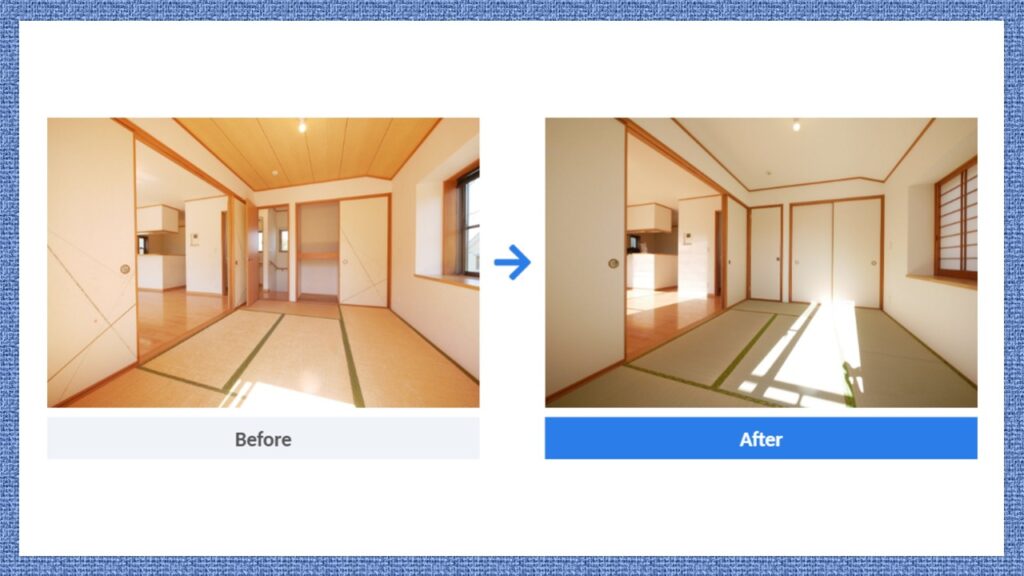 畳の表替えビフォーアフター。日焼けして色あせた畳を表替えし、青々とした新しい畳に交換。襖や障子のある和室全体が明るい印象に変化